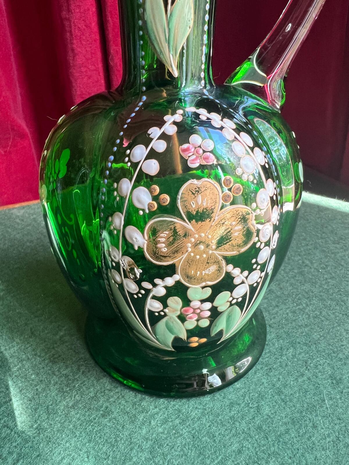 Art Deco Bohemian Green Glass Ewer Jug. Hand painted enamel and gilt floral decor. Art glass collector gift.