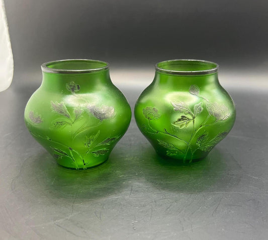 Pair of antique vintage small Czech glass vases. Green satin glass with silver floral overlay decor.