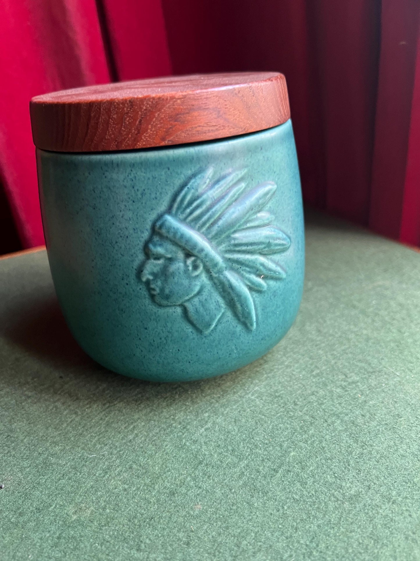 Vintage Søholm Denmark TOBAK Tobacco Jar Teak Lid Ceramic Teal blue Humidor