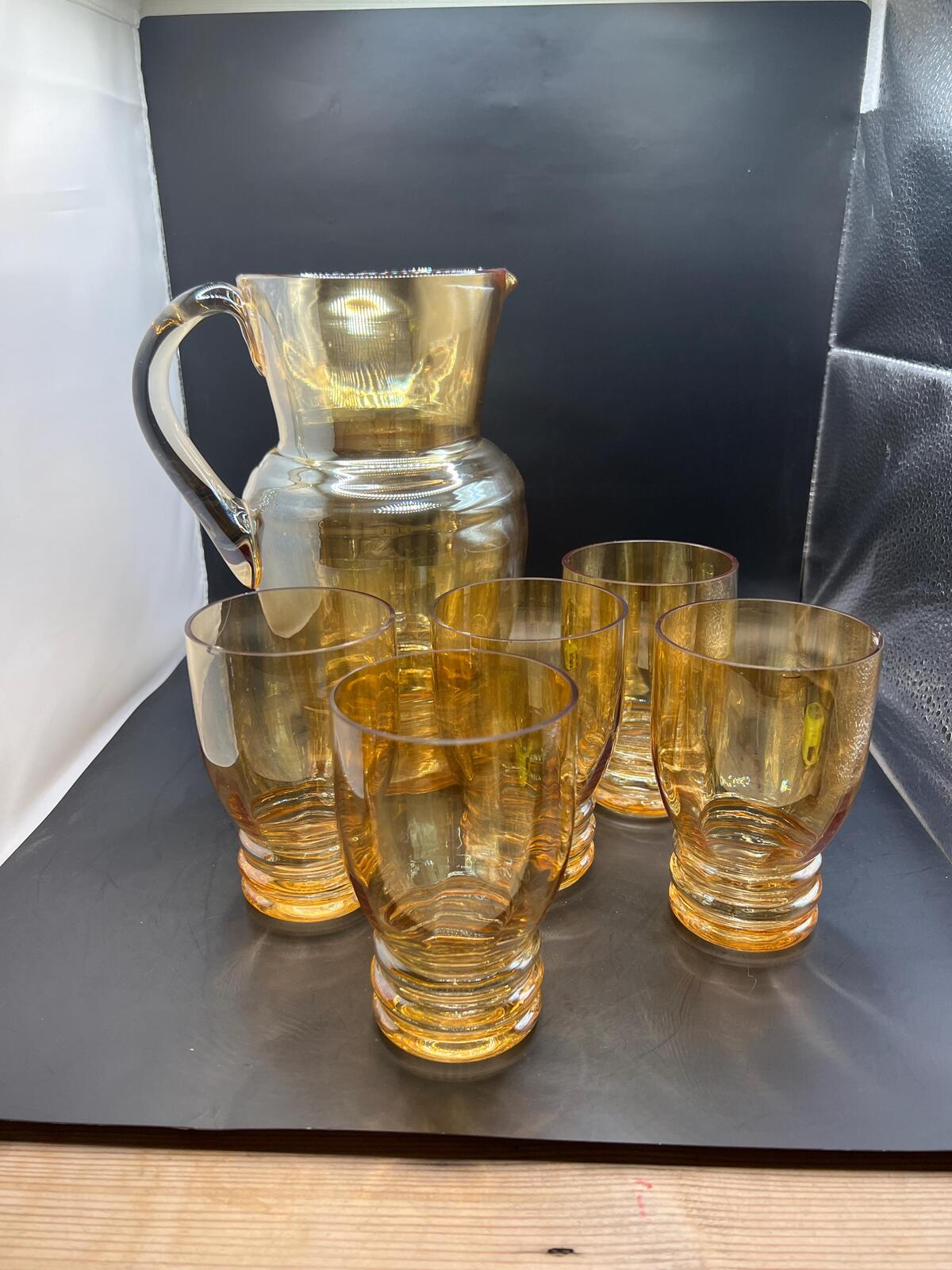 Vintage amber glass lemonade set. Jug and 5 glasses.