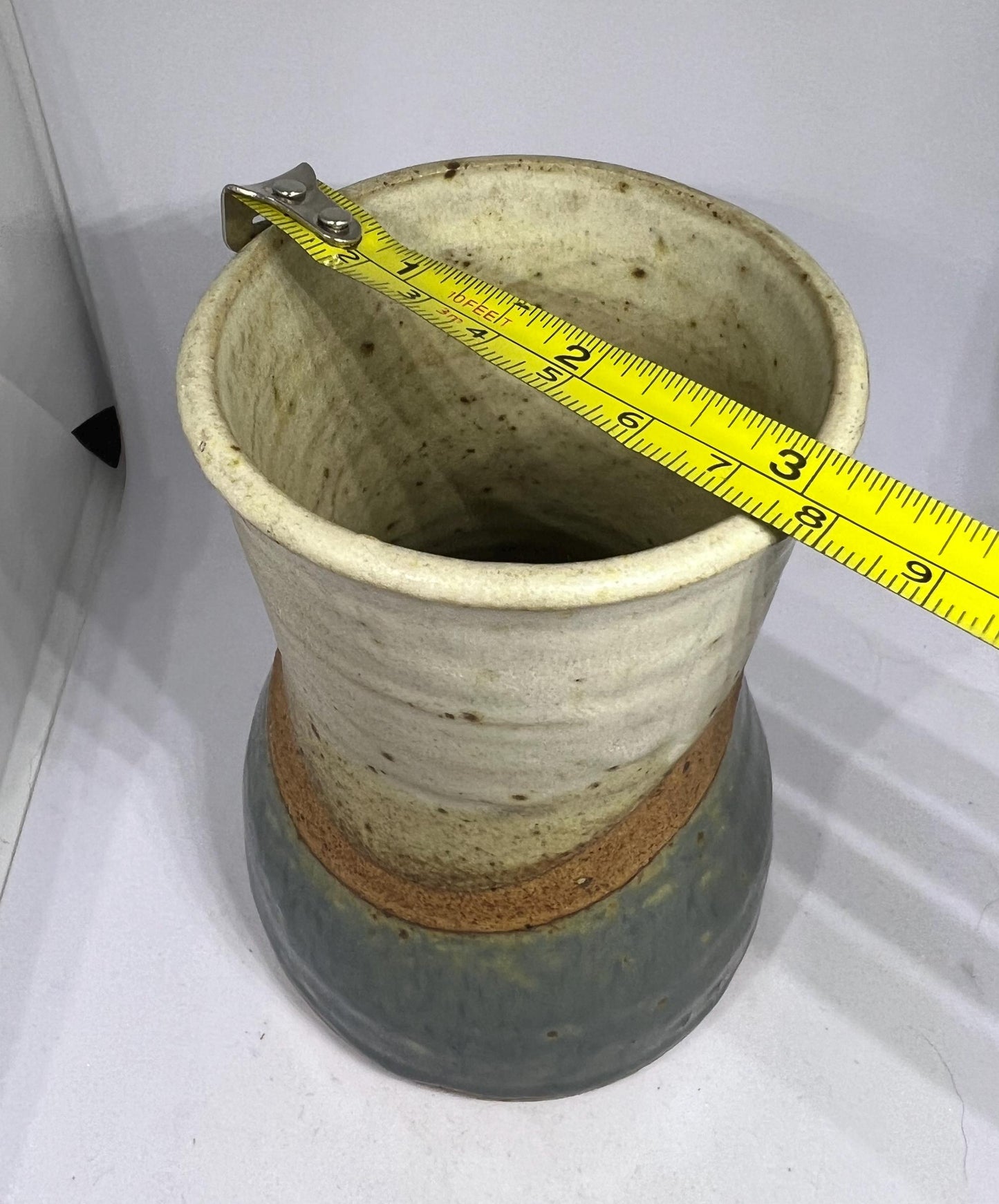 Studio pottery Blue brown speckled glaze flower vase.