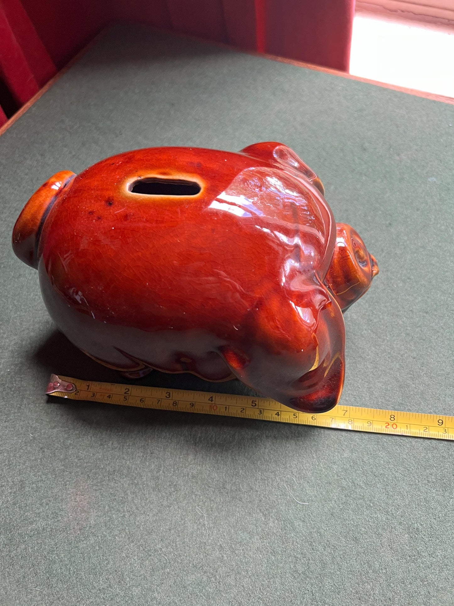 Vintage Piggy Bank 1970s treacle glaze grumpy faced pig figurine. Dartmouth Pottery.