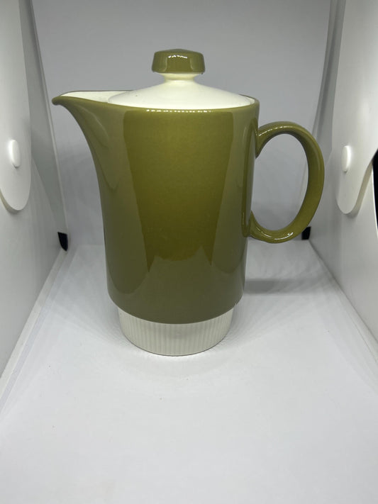 Vintage Poole Pottery coffee pot teapot. Olive green and cream ceramic compact lidded coffee tea chocolate pot.