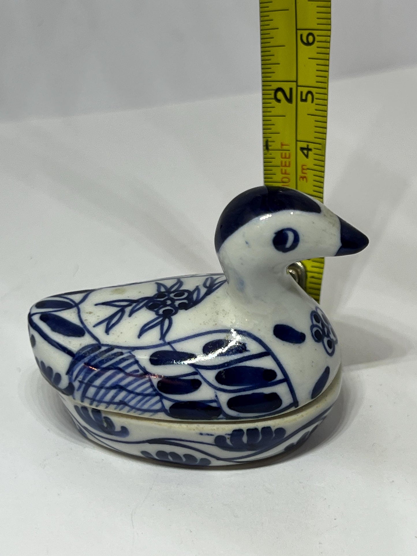 Miniature duck trinket box Blue white ceramic tiny duck.