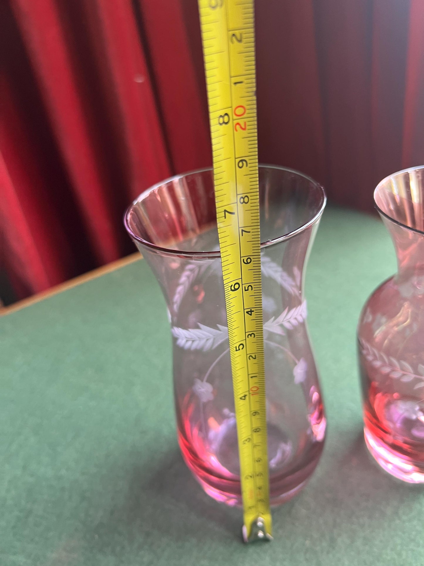 Bohemian Cranberry glass cut to clear decorative posy vase. 2 available.