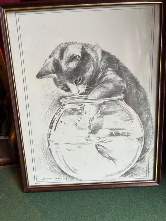 Framed print "Kitten At The Goldfish Bowl" signed Pollyanna Pickering. Gift for cat lover. Gallery wall decor.