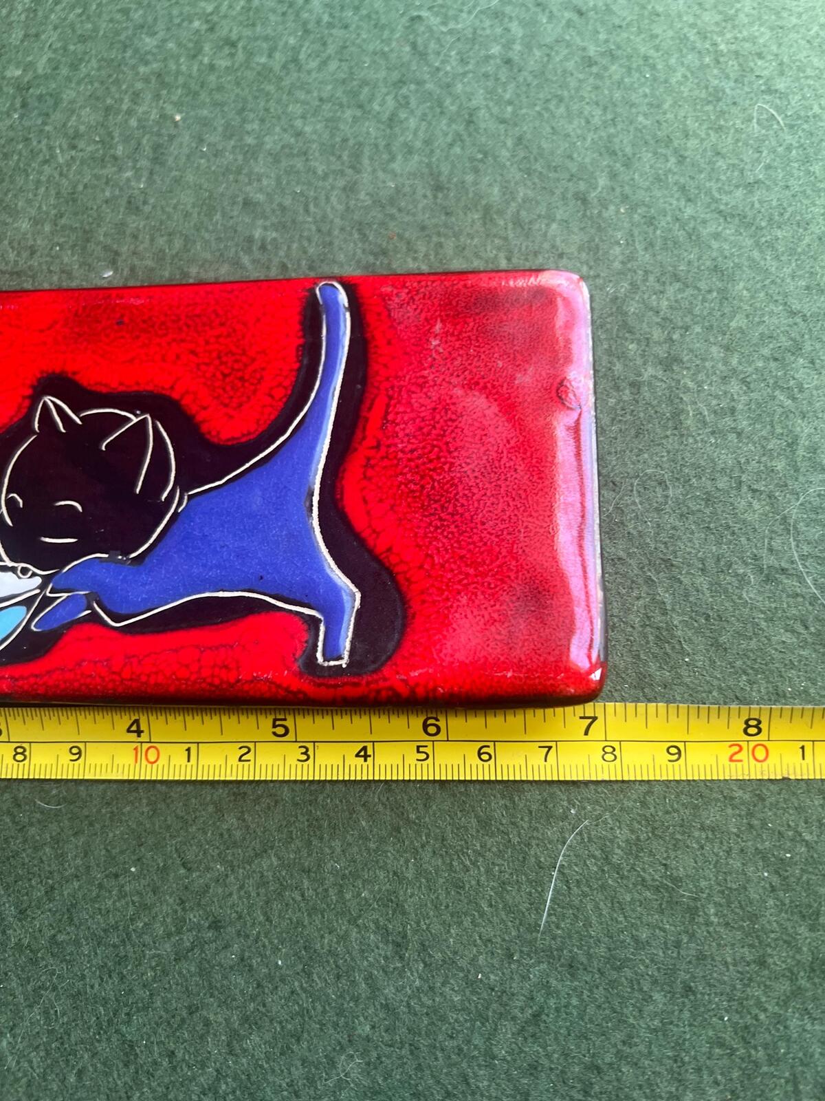 Raku pottery cat wall tile. Black kitten theme on red ceramic tile. Gallery wall decor.