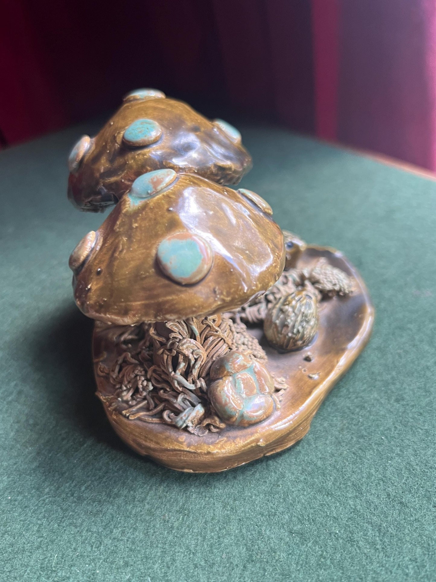 Studio pottery toadstools and hedgehogs figurine. Signed by artist YD MA UK. Yare Designs Norfolk.