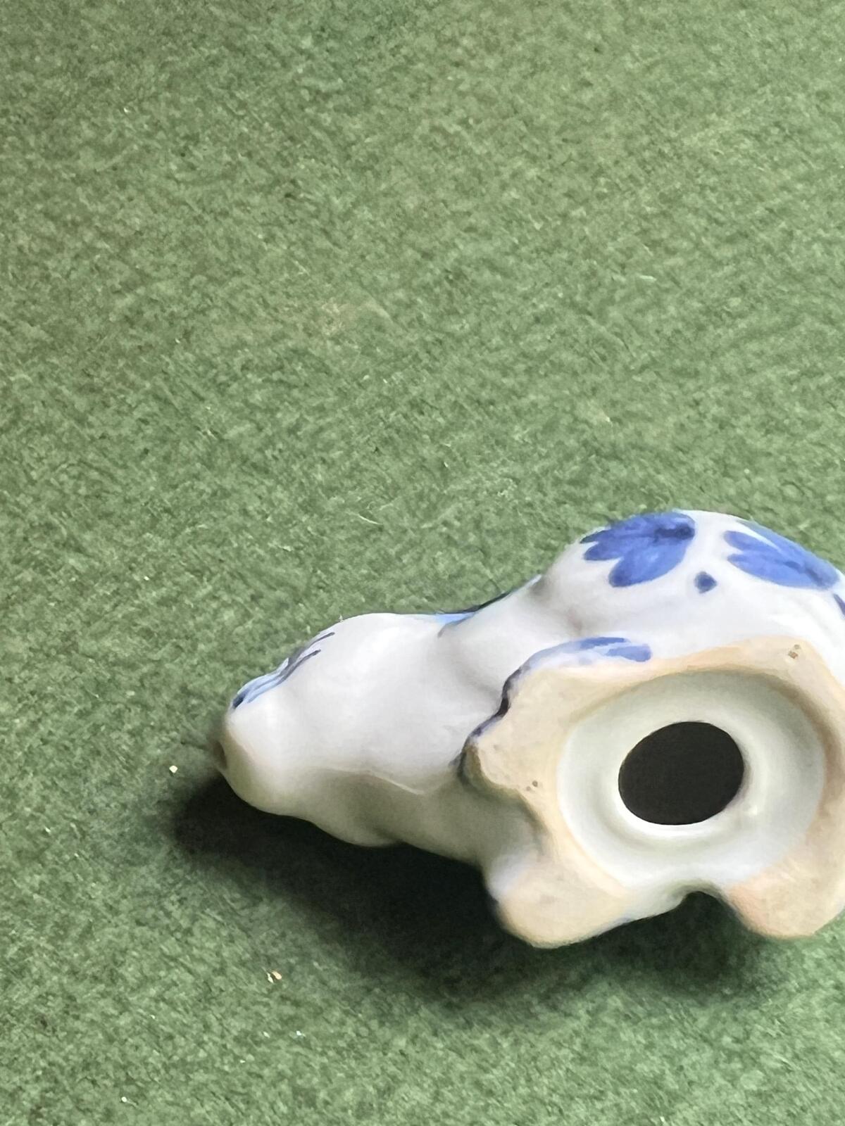Miniature rabbit figurine. Blue white Delft style ceramic bunny.