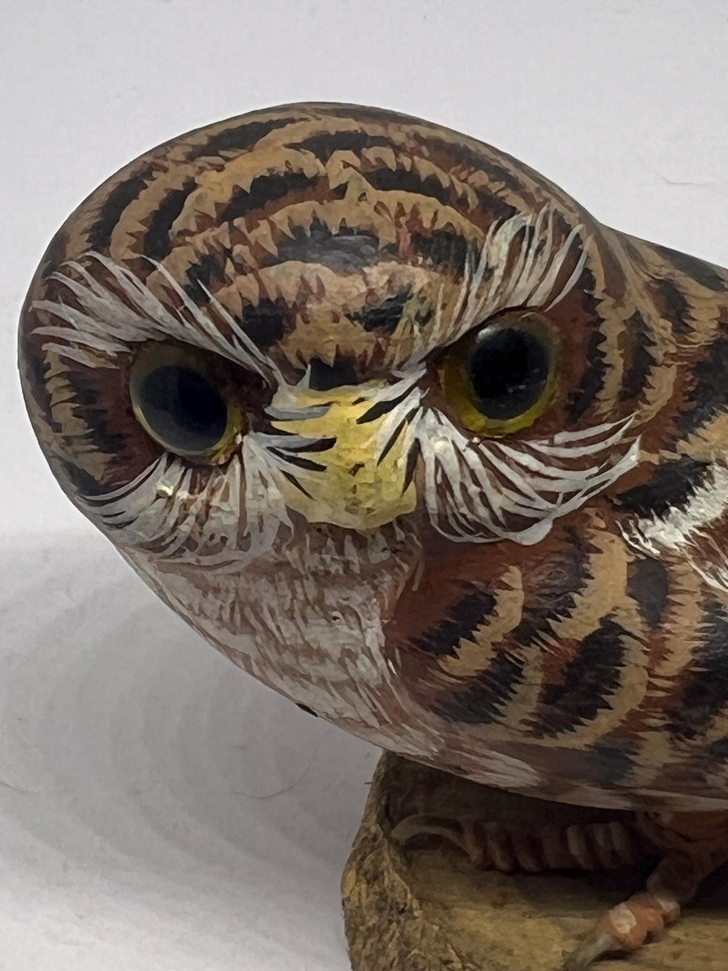 Vintage Hand Carved Wood Saw Whet Owl Hand painted with glass eyes on tree stump base.