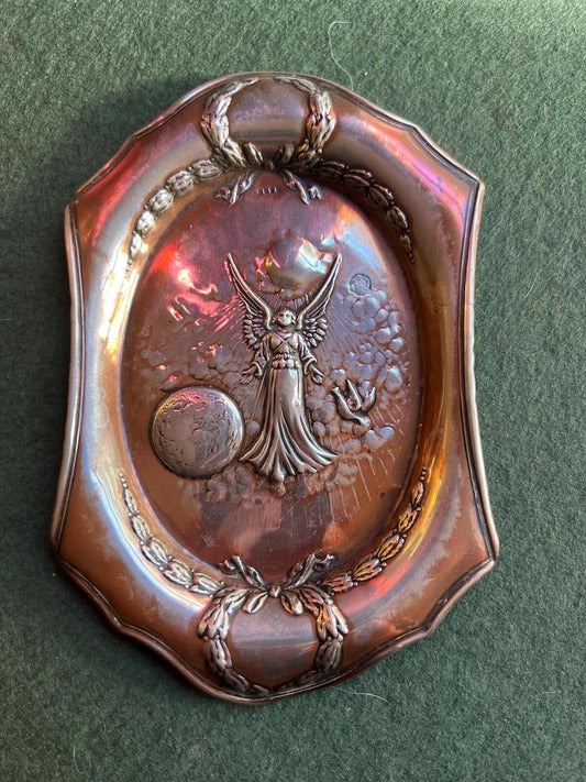 Vintage art nouveau style trinket pin tray. EPNS repoussé decoration Angel in heaven above earth with a dove. Gallery wall decor.