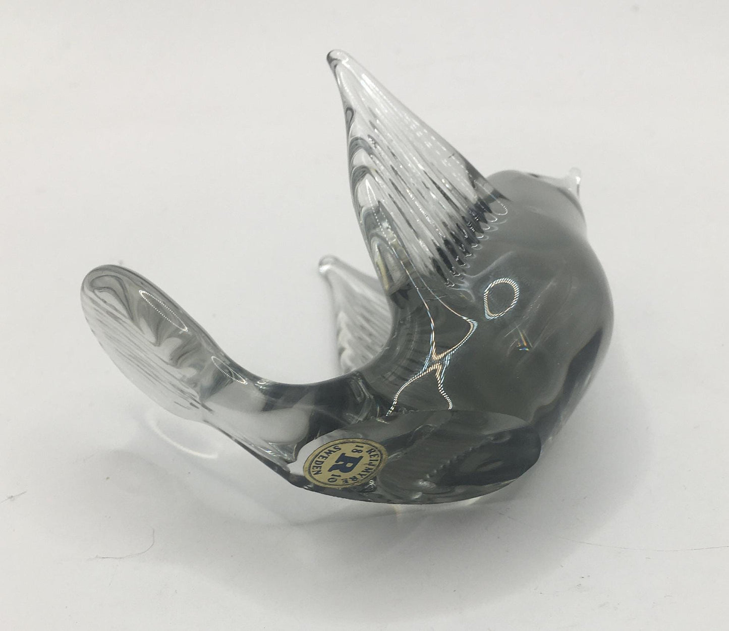 Swedish glass bird. Beautiful Hand blown  art glass bird. Reijmyre glass Sweden. Smoky grey flying bird paperweight. Baby bird figurine.