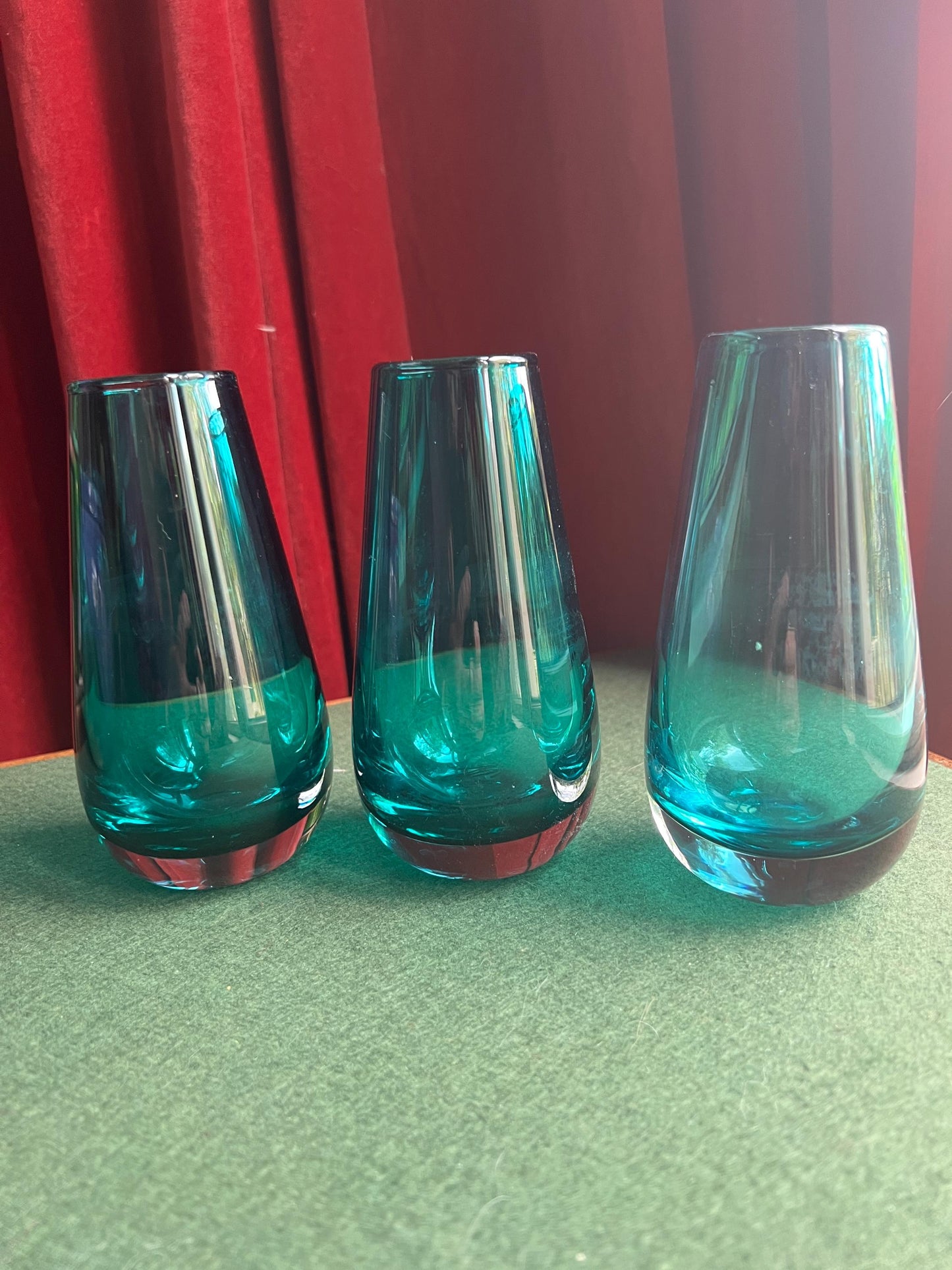 Beautiful teal blue hand blown glass posy vase. 3 available Sold separately