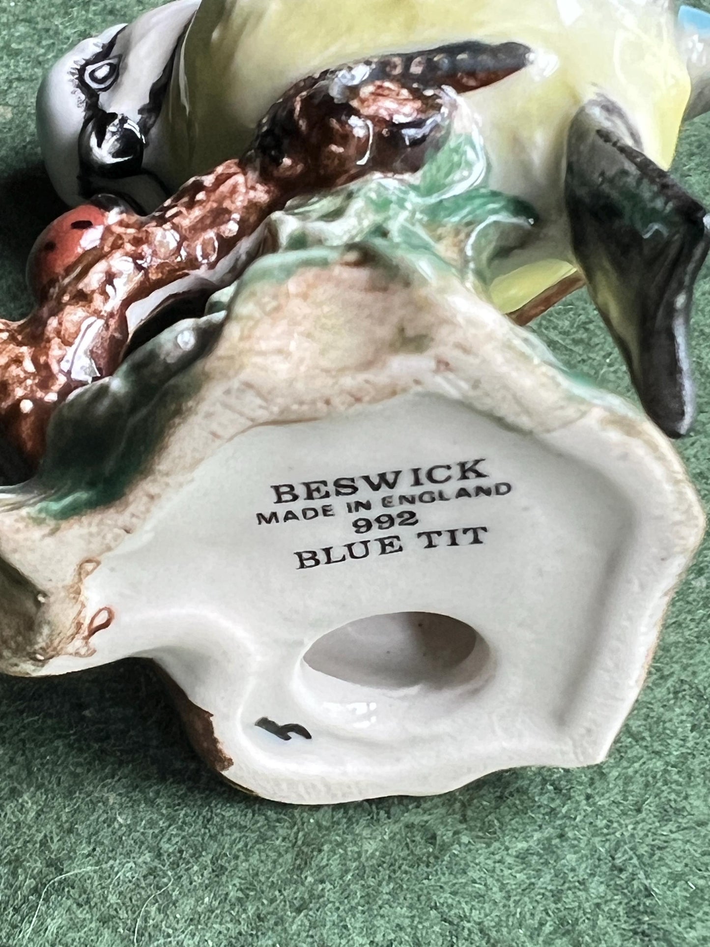 Blue Tit on a branch with ladybird Stamped Blue Tit Beswick 992 Made in England Arthur Gredington Design.