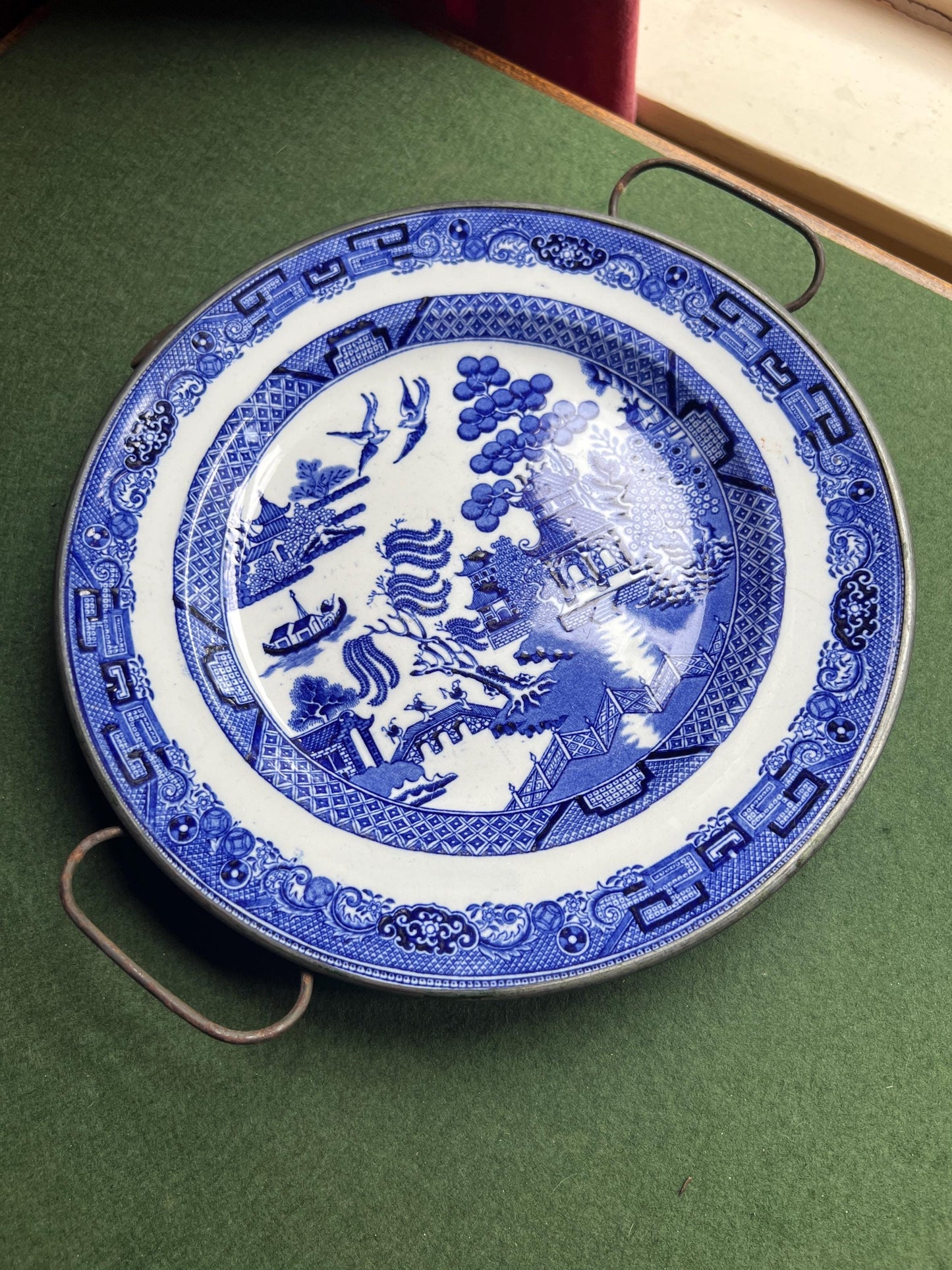 Vintage antique warming plate Blue willow design copper backed hollow plate.