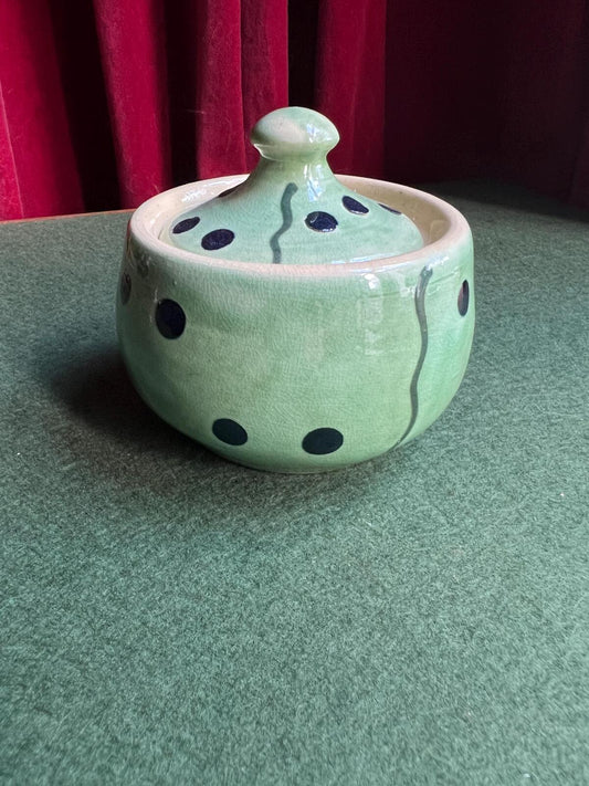 Vintage lidded sugar bowl. Green spotty trinket pot. Studio pottery watermelon style decorative pot.