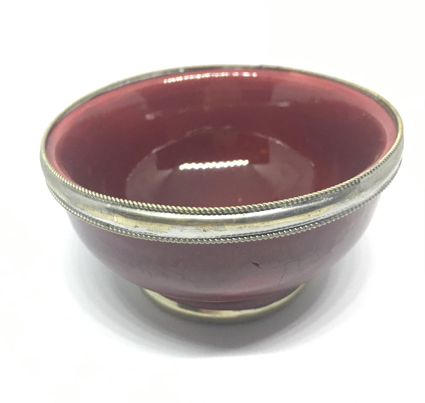 Vintage red glazed trinket pin dish with silver tone band.