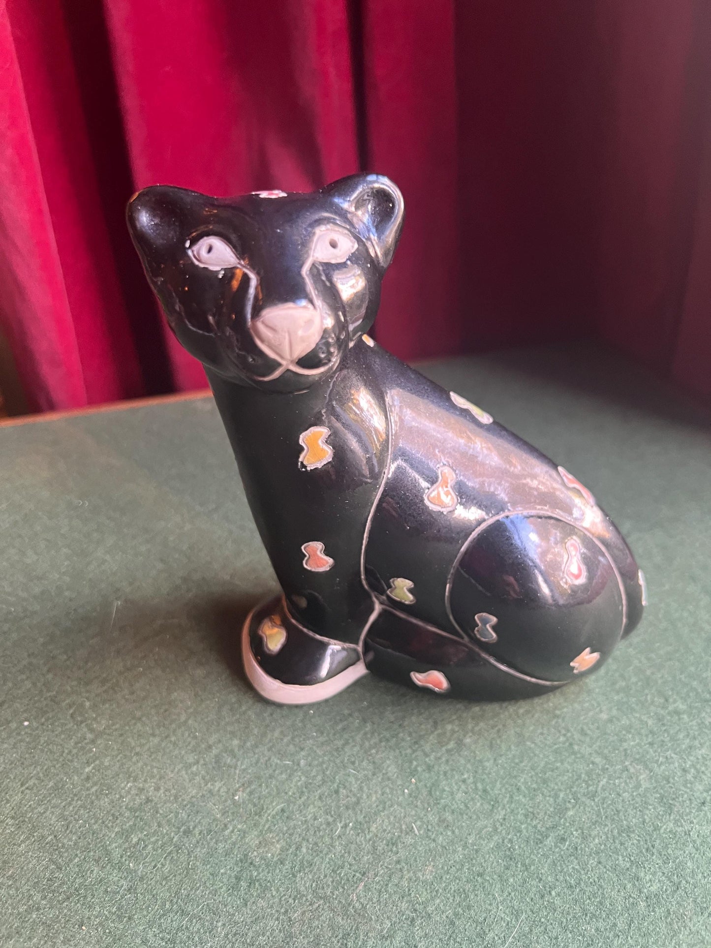 Studio pottery black panther. Hand made signed South African Raku pottery stylised panther figurine.