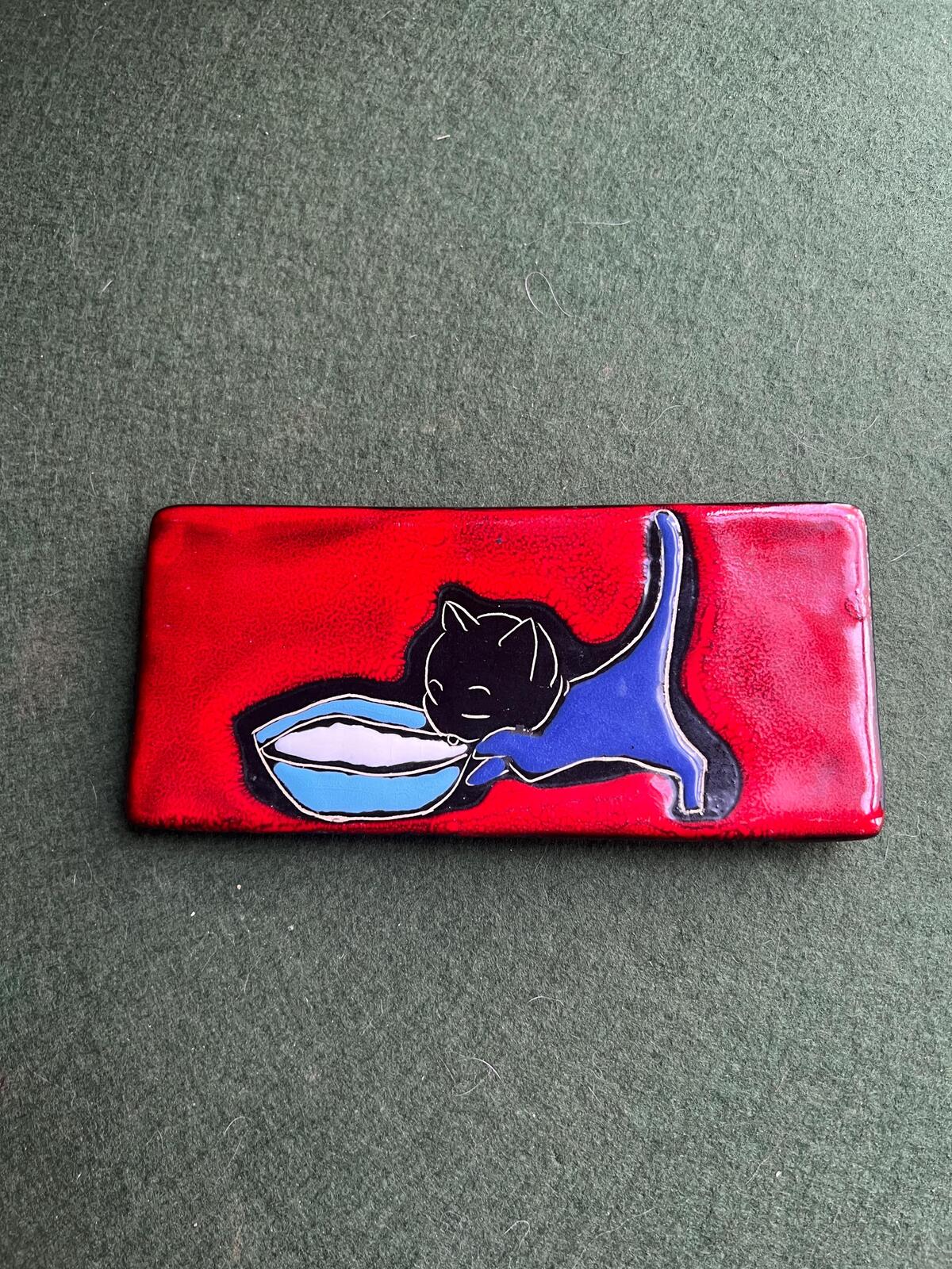 Raku pottery cat wall tile. Black kitten theme on red ceramic tile. Gallery wall decor.