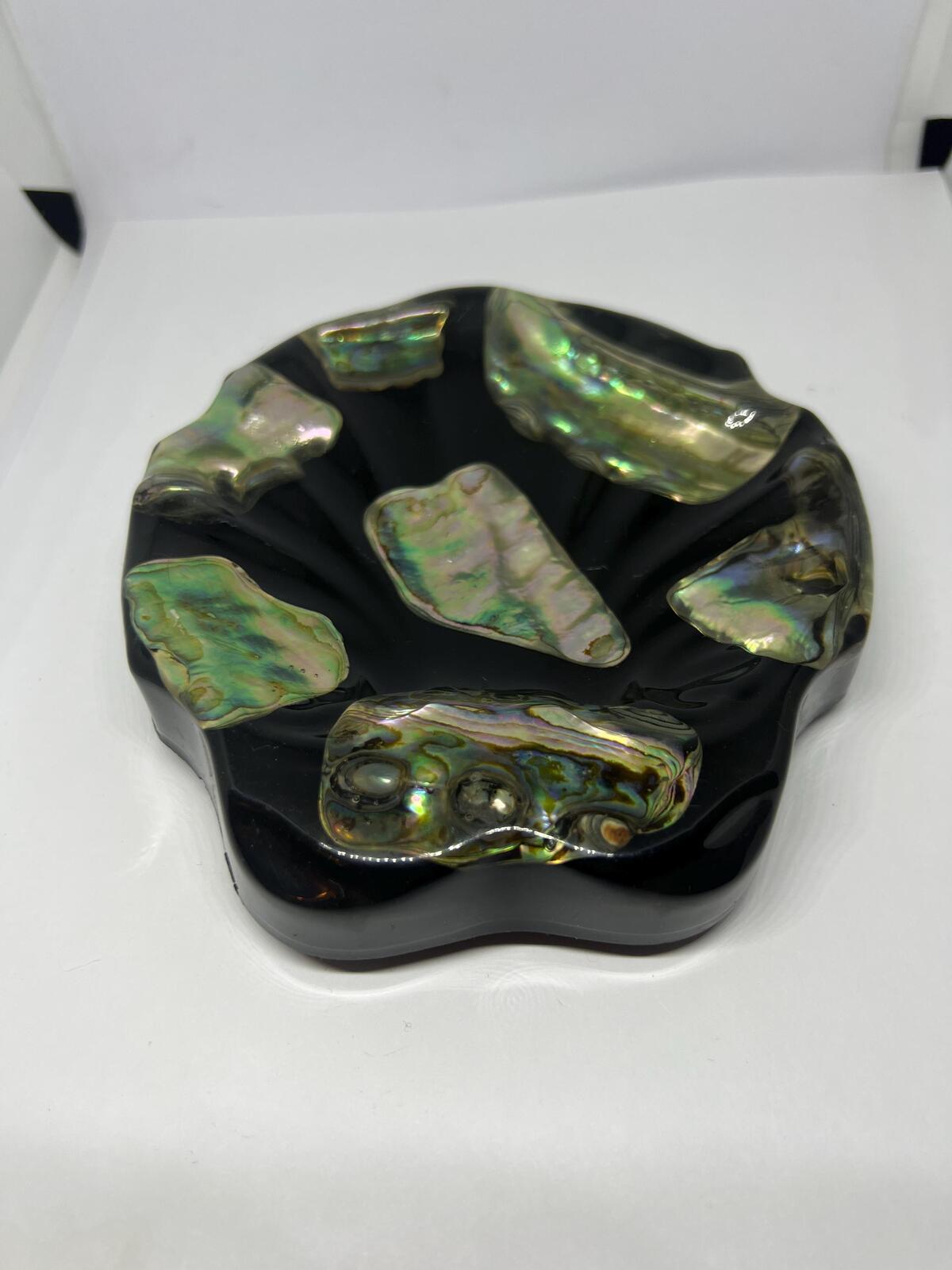Vintage Abalone shell and Lucite soap dish. Marine Opal Original sticker.
