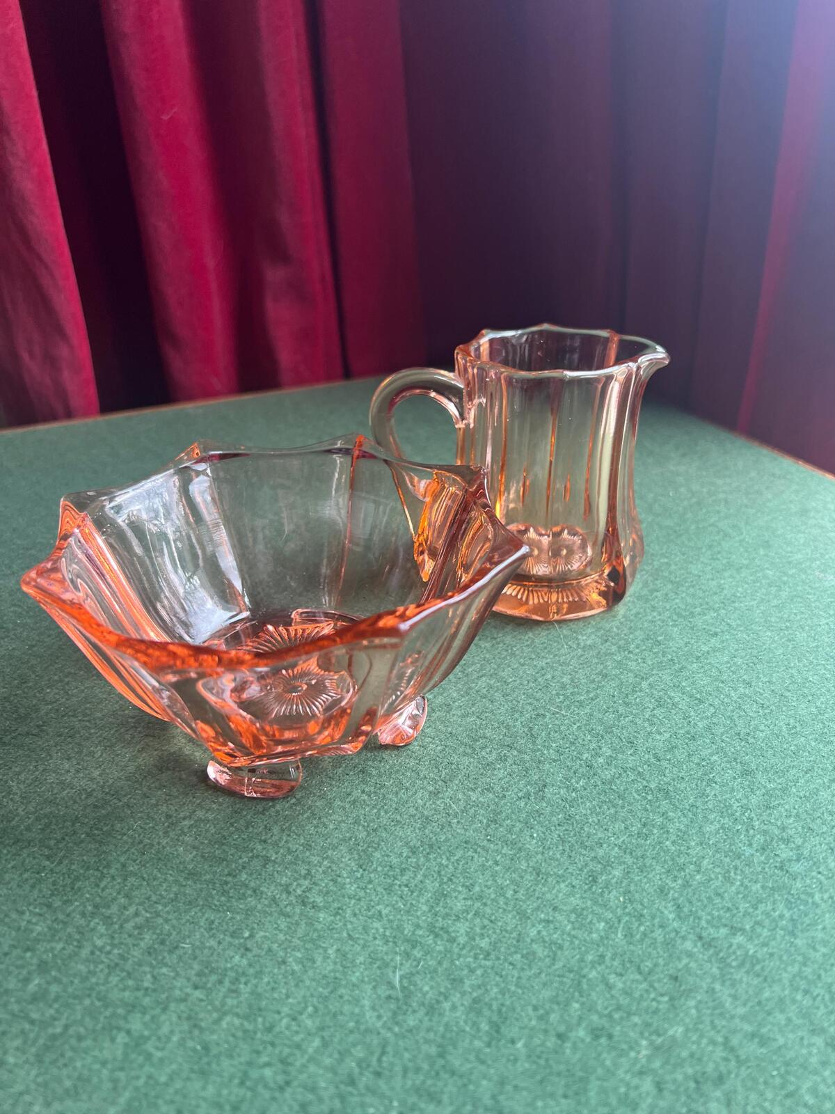 Vintage Art Deco pink depression glass creamer sugar set. Glass collector gift.