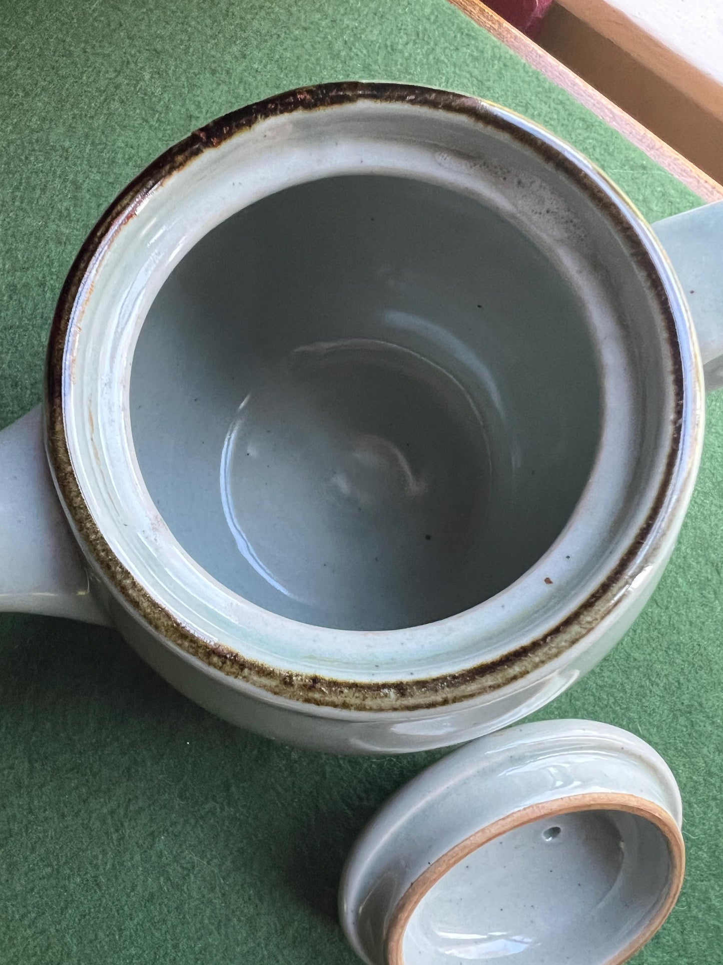 Pot bellied celadon glazed tea coffee pot. Speckled duck egg blue. Stamped Highland Stoneware Scotland.