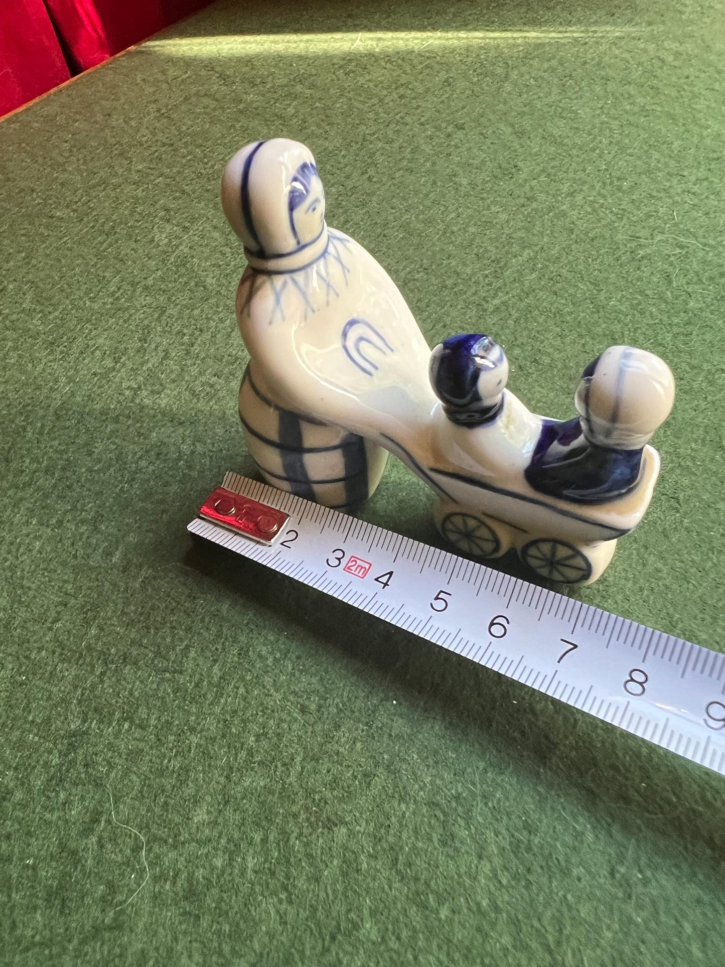 Vintage Gzhel Lady Mother Woman with Children Babies in Stroller Figurine Stamped Hand painted USSR.