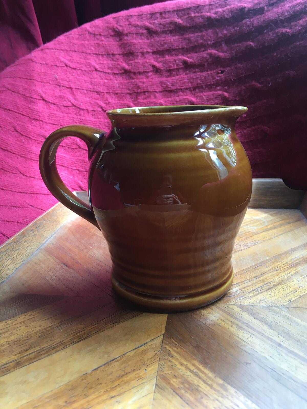 Brown glazed pitcher. Large stone ware water jug Vintage East German ceramics