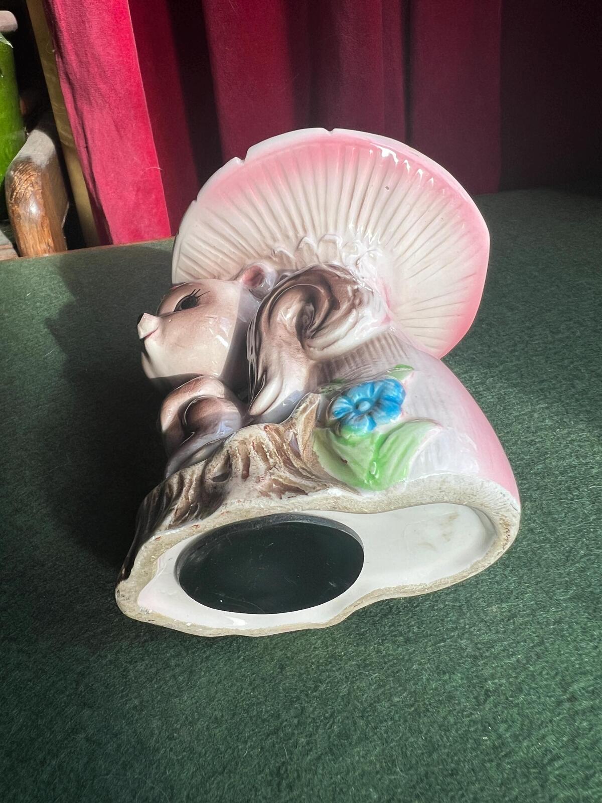 Quirky Squirrel money bank. Kitsch anthropomorphic squirrel sitting under a pink mushroom. MC decor.
