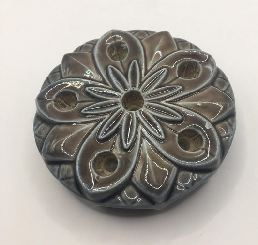 Beautiful Wade ceramic flower frog. Waterlily design. Green blue glaze.