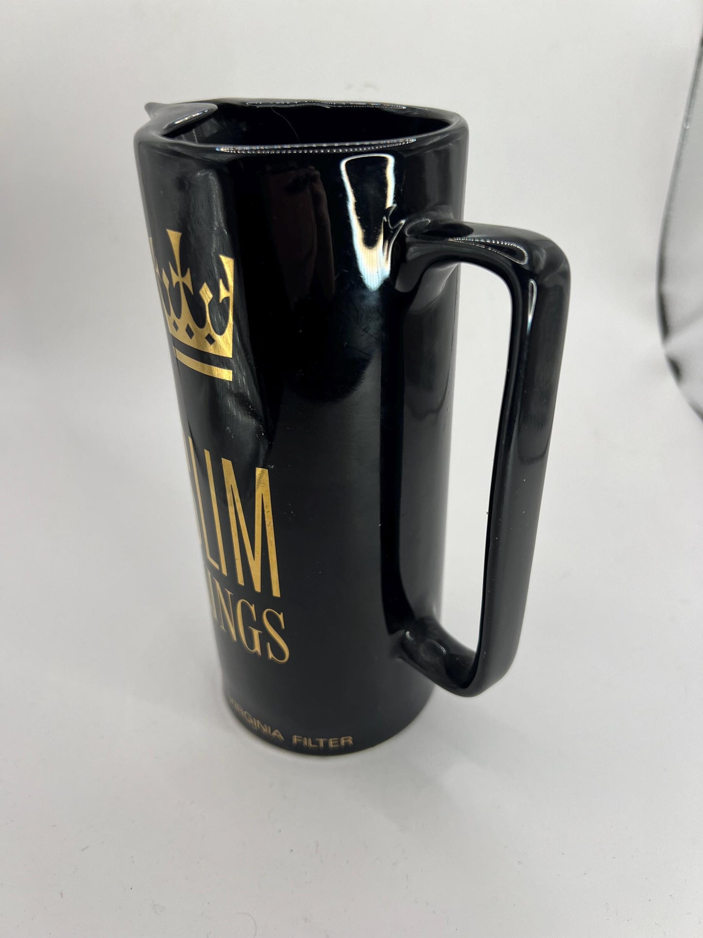 Black ceramic advertising barware water jug. Slim Kings Special Virginia Filter.