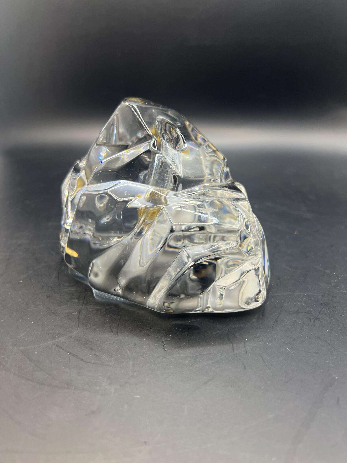 Crystal iceberg paperweight with pen bud hole. Solid clear Val St Lambert style glass sculpture.