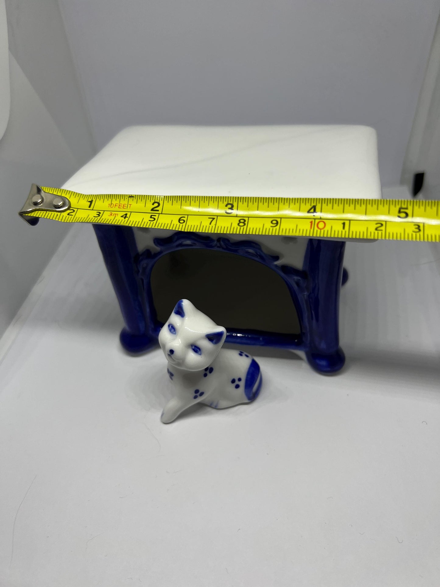 Vintage Gzhel porcelain cat on a table figurine. USSR.