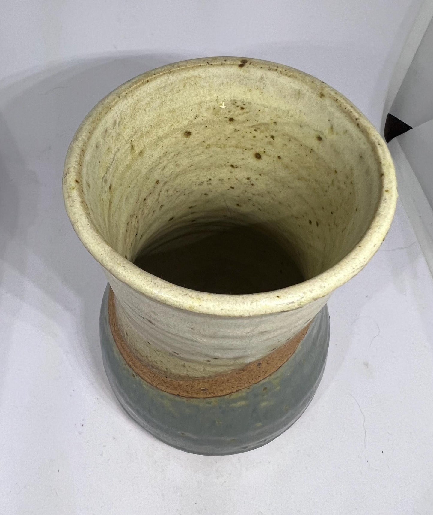 Studio pottery Blue brown speckled glaze flower vase.