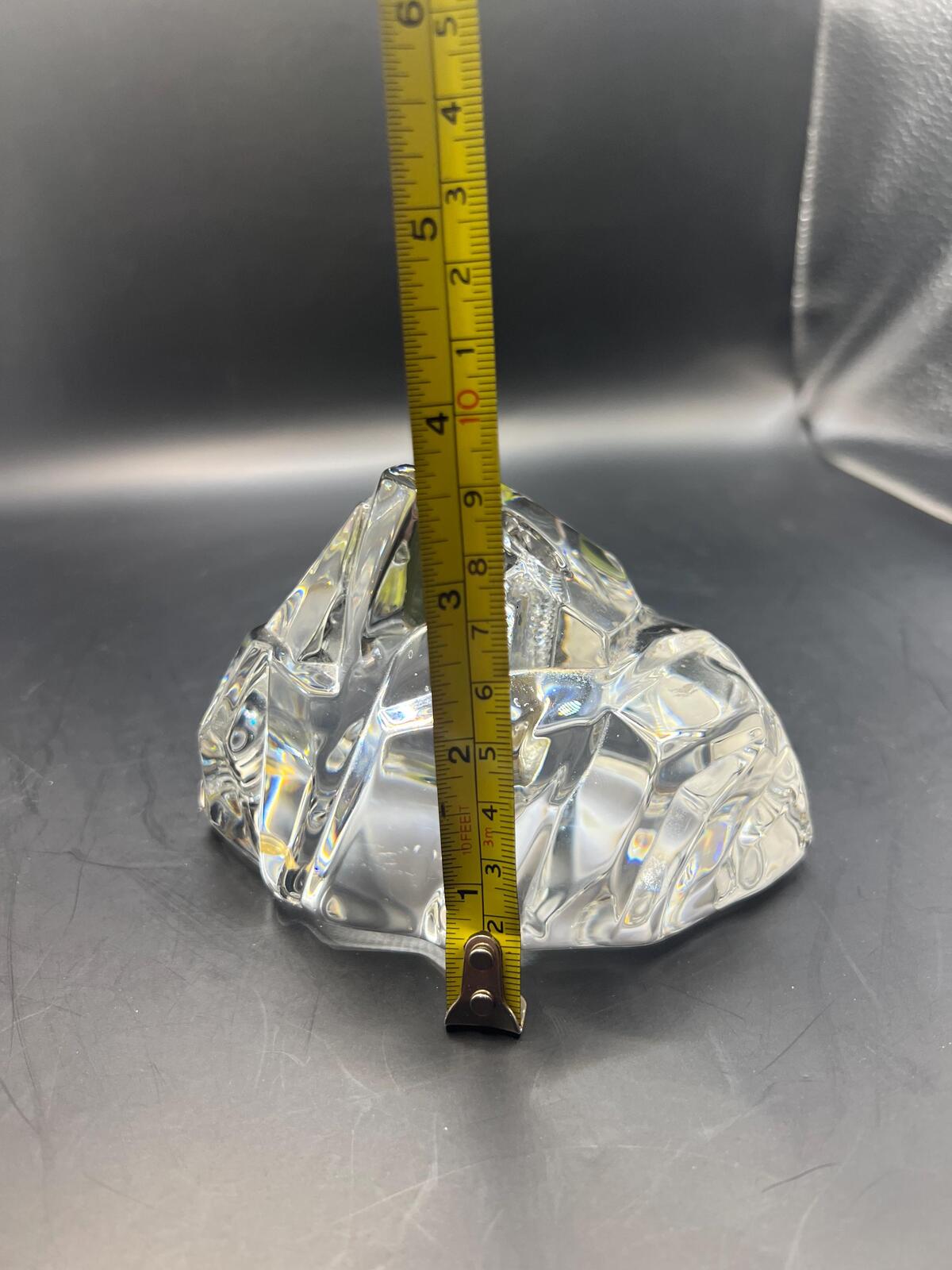 Crystal iceberg paperweight with pen bud hole. Solid clear Val St Lambert style glass sculpture.