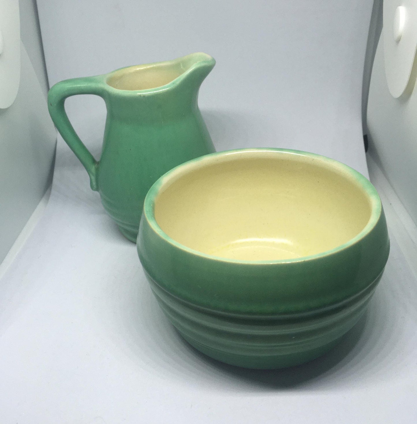 Vintage Govancroft sugar milk jug. Green glazed Art Deco style breakfast set. Scottish pottery