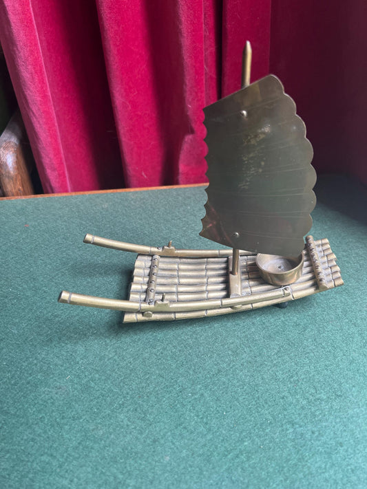 Vintage Brass tealight holder Quirky raft bamboo Boat
