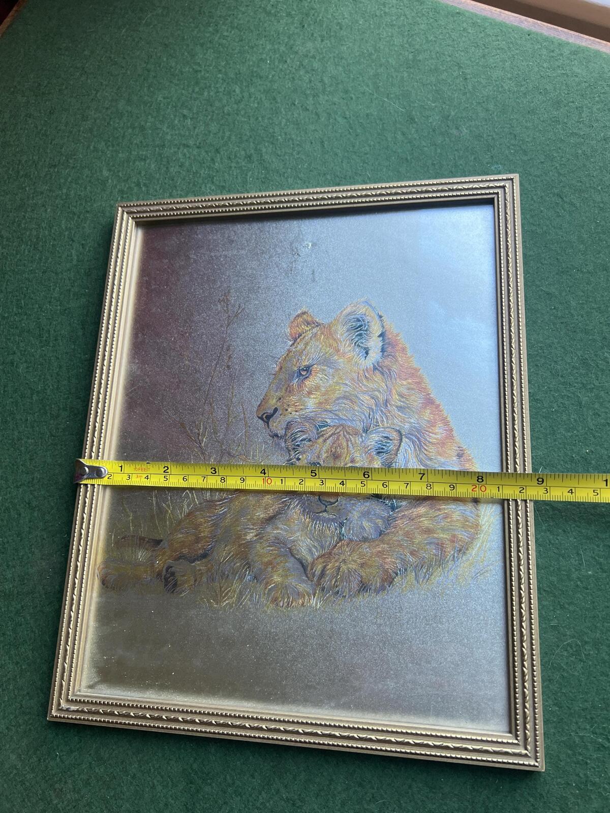 Lion and cub foil art framed picture. 1980s Retro signed M Fenelle print.