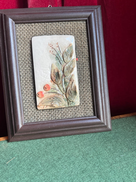 Framed floral tile art. Olga Krulova style Czech folk art wall decor.