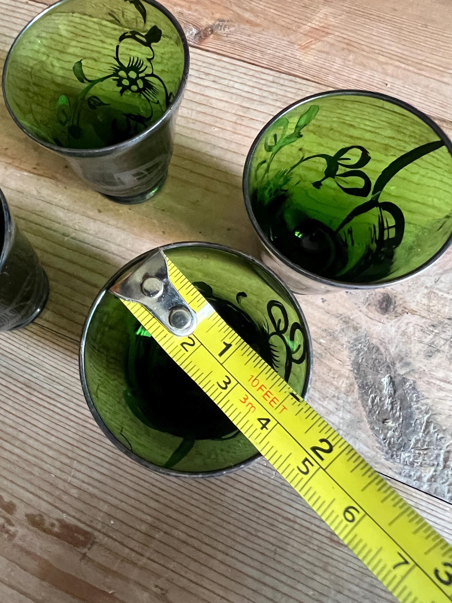 Vintage shot glasses Set 4 emerald green silver overlay port sherry glasses.