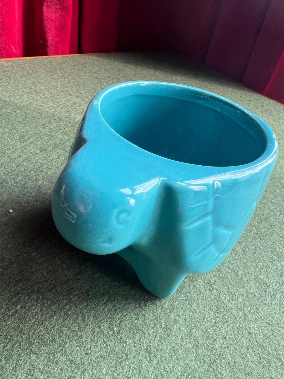 Vintage turtle planter. Blue ceramic quirky tortoise cactus succulent plant pot.