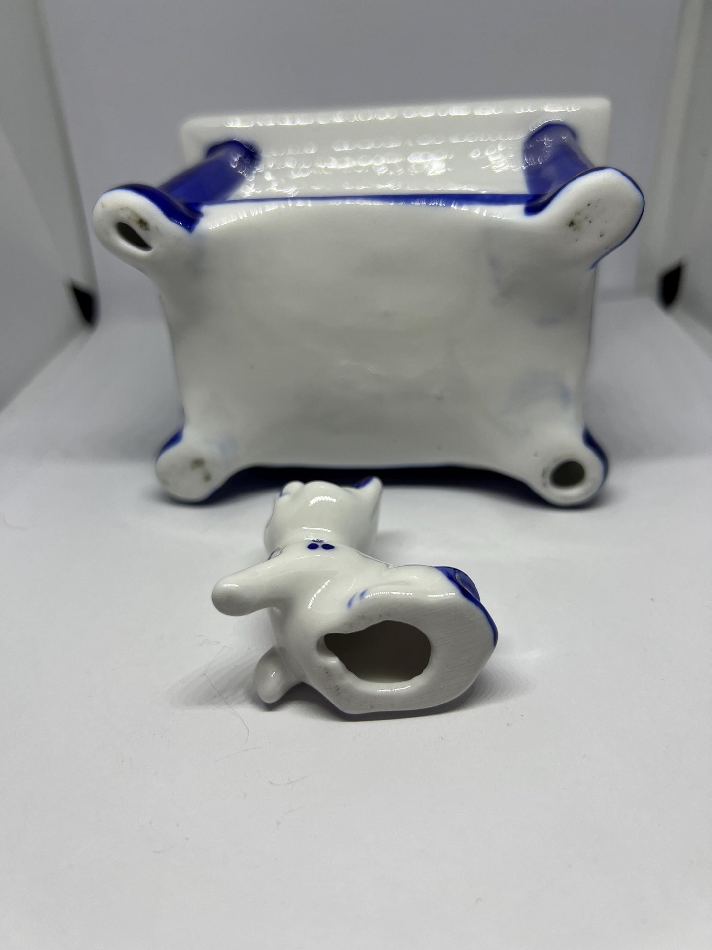 Vintage Gzhel porcelain cat on a table figurine. USSR.