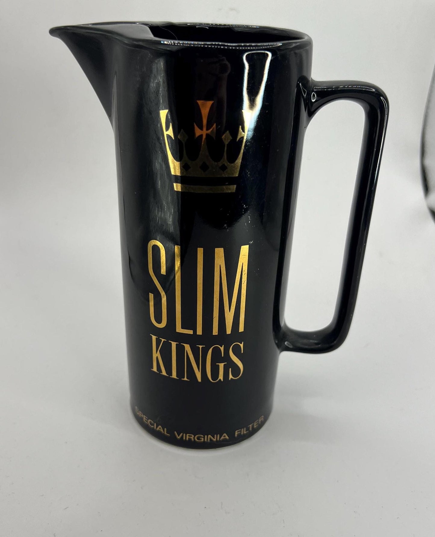 Black ceramic advertising barware water jug. Slim Kings Special Virginia Filter.