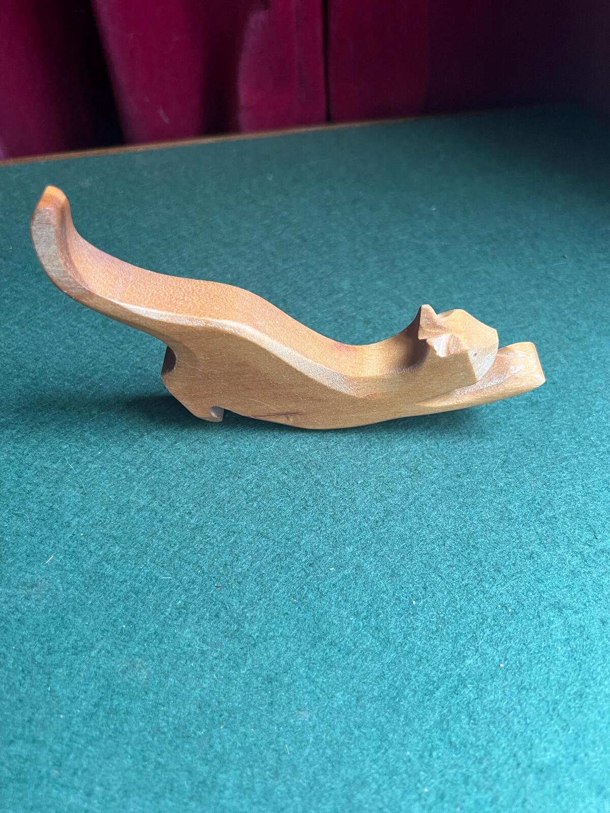 Hand carved wooden cat figurine Stretching Cat ornament.