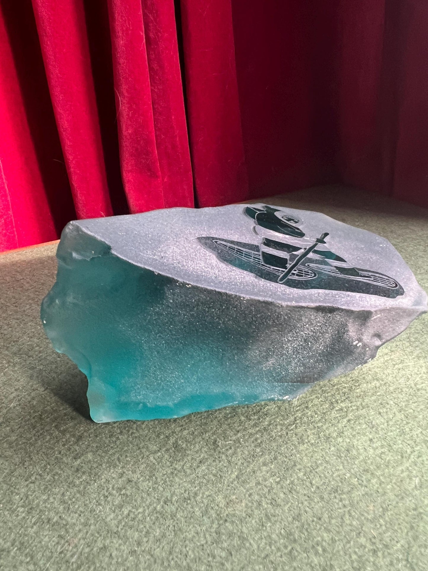 Siku Signed Native Inuit Frosted Etched Art Glass Sculpture Paperweight. Blue sea glass Canadian folk art.