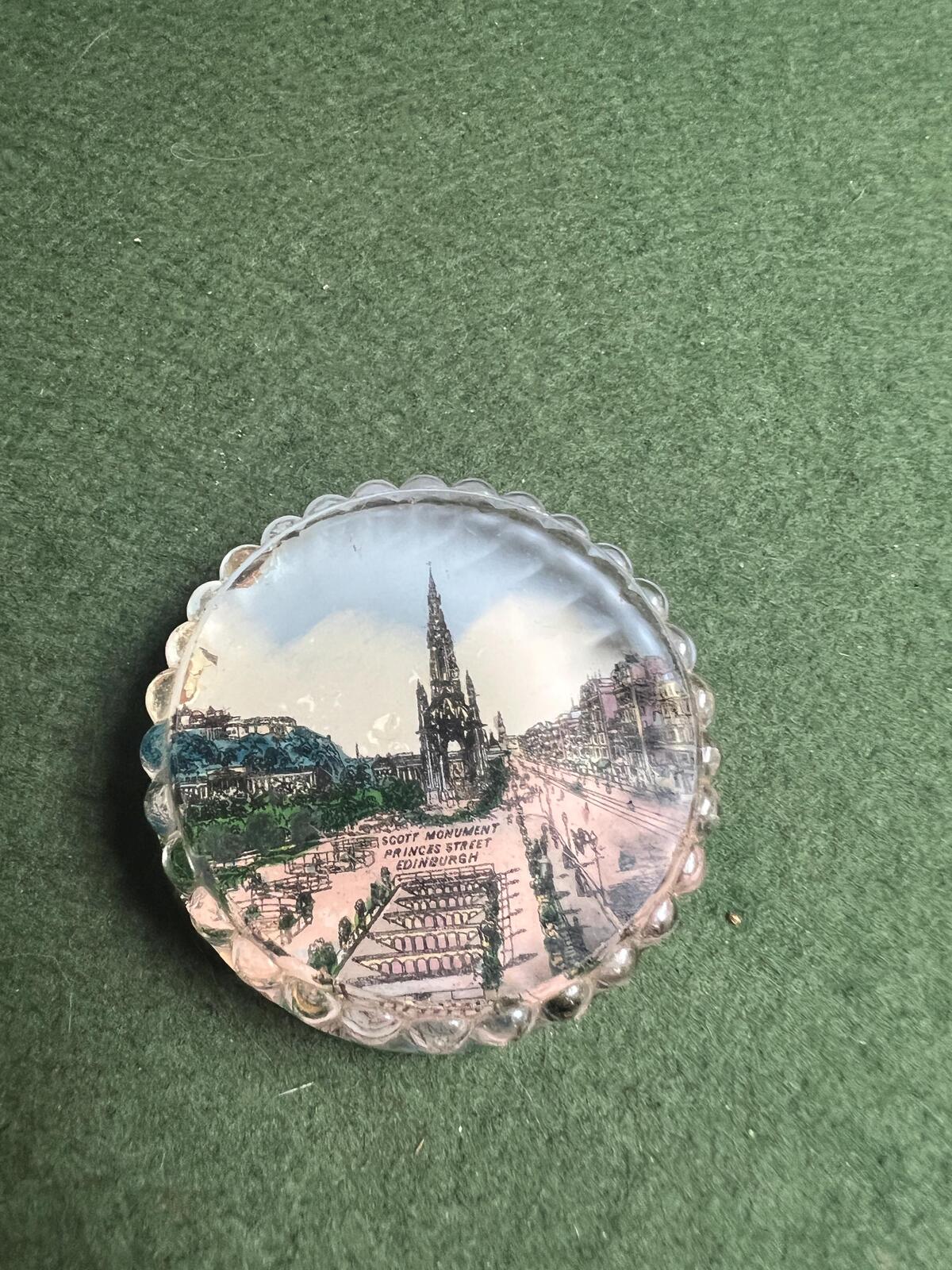 Victorian souvenir paperweight. Photographic Scott Monument Edinburgh scene. Antique home decor lover gift.