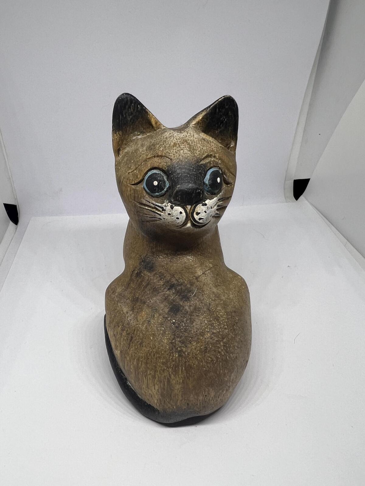 Vintage hand carved wooden cat figurine. Naive Folk art hand painted quirky kitten.