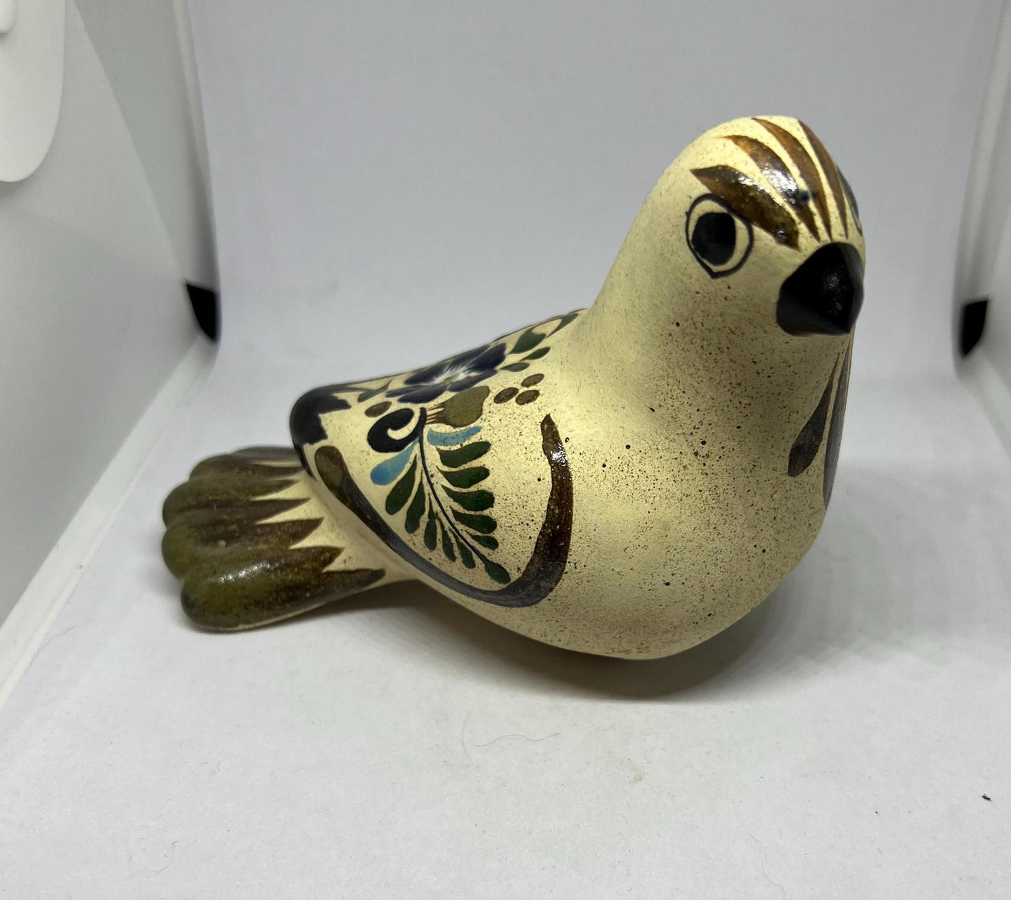 Tonala Mexico stone ware hand painted bird ornament Signed RS Mexico.