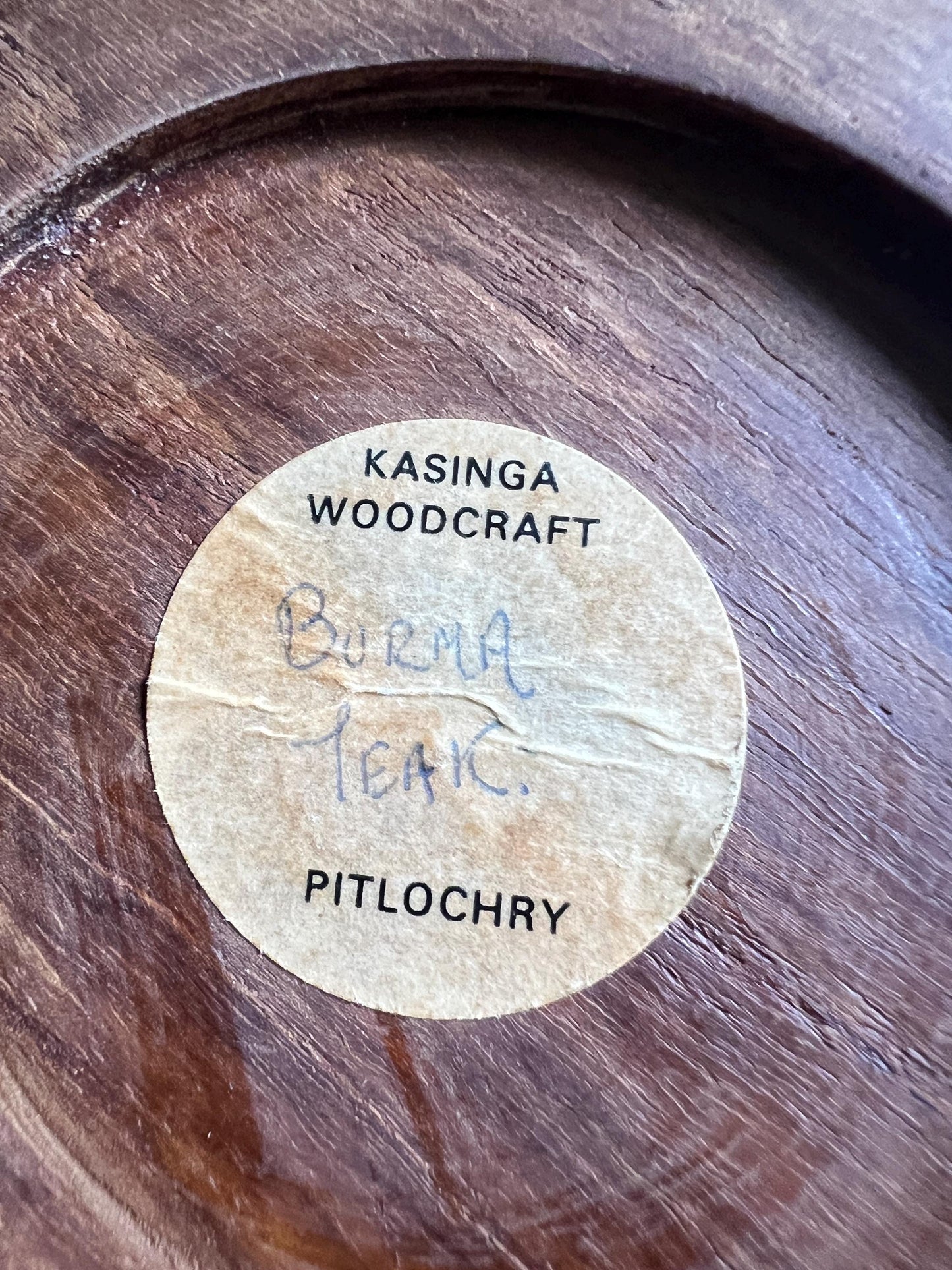 Hand crafted Teak wood trinket key bowl. Original sticker. Burma Teak Kasinga woodcraft Pitlochry.