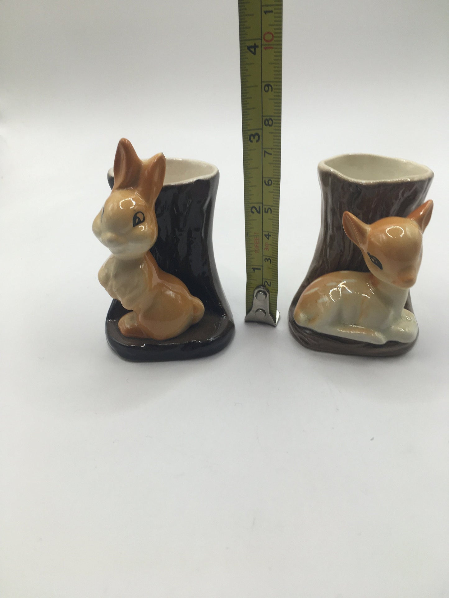 Hornsea pottery bud posy vases. Rabbit and baby deer by tree stumps. 2 available.